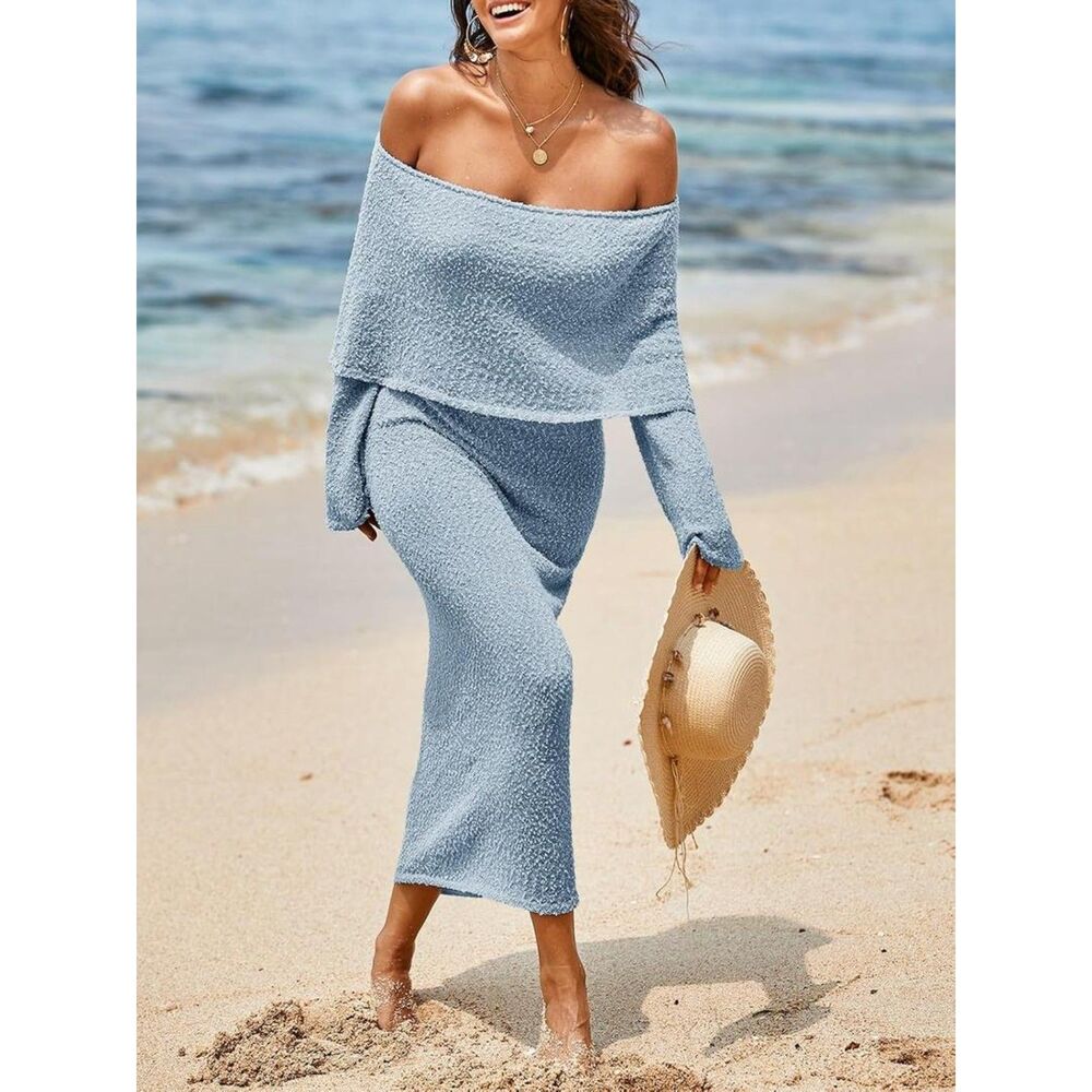 Brand New Saodimallsu Blue Off-Shoulder Beach Maxi Dress - Picture 3 of 4